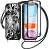 Yirlbey 360 Gradi Cover per iPhone 11 6,1'' con Cordino, Aesthetic Stella Modello Design Trasparente Silicone Case Corda con Regolabile Laccio Antiurto Antigraffio Bumper Protezione Custodia, Nero