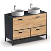 Muebles Pitarch | Mobile da bagno doppio, larghezza 120cm, industriale, Nero e Rovere Gold, con struttura a piedi, 2 cassetti e 1 porta, per lavabi da appoggio, modello Sena
