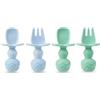 PandaEar Set 4 Cucchiai e Forchette in Silicone per Bambini - Utensili Anti-soffocamento, adatti allo Svezzamento Autonomo da 3 mesi (Ciano+Azzurro)