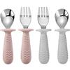 PandaEar, set di 4 utensili in silicone e acciaio inossidabile per bambini e neonati, posate per bambini e neonati con cucchiaio e forchetta, senza BPA, con impugnatura in silicone, design