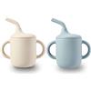 PandaEar Confezione da 2 Tazze di Allenamento in Silicone al 100% con Manici e Cannuccia per Neonati e Bambini, Capacità di 180 ml (Blu/Bianco)