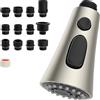 Hibbent Ricambio Doccetta per Rubinetto Cucina, Miscelatore Monocomando a 3 Funzioni di Spruzzo, 9 Adattatori Compatibile con Rubinetto G1/2, Doccetta Cucina, Nichel Spazzolato