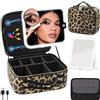 WITFAMILY Borsa per il trucco con specchio 3 colori luce LED, borsa cosmetica da viaggio con specchio a LED, Tatuaggio leopardato, Vento ragazza