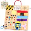 Iabedi Montessori Busy Board 23 in 1 per bambini a partire da 1 anno, giocattolo in legno con 15 interruttori, 26 luci LED, scatola musicale, chiusura lampo e lucchetto, giocattolo sensoriale per bambini da