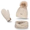 PaMaMi Set Invernale Cappello Scaldacollo Muffole Donna | Scalda collo A Doppio Giro | 85% Acrilico 15% Poliammide| Circonferenza 55-58 cm | Taglia Unica | Passeggiate Invernali | Pompon Eco | Maglia