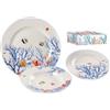 PABEN Servizio di piatti mare 18 pezzi Tema Marino Collezione Ocean in Porcellana d'autore Nàvel 6 Fondi Ø 21,5 cm, 6 Piani Ø 20,4 cm e 6 Piani Ø 26,5 cm con Elegante Scatola Litografata