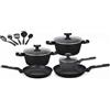Wintem - Batteria Pentole e Padelle 13 Pezzi Antiaderenti nere per Cucina Moderna e Tradizionale Compatibile con Piano a Induzione, Rivestimento in Alluminio, Coperchi in Vetro e Manici Ergonomici