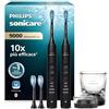 Philips Sonicare DiamondClean 9000 spazzolino elettrico, confezione doppia, spazzolino sonico con app, sensore di pressione, 4 modalità di spazzolamento, bicchiere di ricarica, nero, HX9914/63
