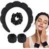 WD&CD Spa Fascia per Capelli da Donna, Fascia per Spa in Spugna con 2 Fasce per Polso e 1 Elastici per Capelli per Lavare il Viso, Cura della Pelle, Trucco, Doccia, Rimozione del Trucco - Nero