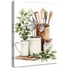 Dazzlewall Incorniciato Tela Botanica Cucina Acquarello, Poster con Foglie di Eucalipto Verde Salvia e Utensili Cucinari per Decorazione Cucina Sala da Pranzo 30×40 cm