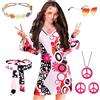 YQBFB Costume Hippie Donna Anni 70, Vestito Hippie Rosa Set di Abbigliamento Anni 70, Costumi da Disco Carnevale (XL)
