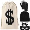 Peirich Set di 4 costumi da ladro, include un simbolo del dollaro in tela con sacco di soldi e maschera per gli occhi bandito, berretto lavorato a maglia per Halloween, cosplay, feste a tema ladro
