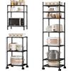 XIANGLV Scaffale a 6 ripiani, con ruote e piedini antiscivolo, 42 x 32 x 165 cm, colore: nero, scaffale regolabile e scaffale portaoggetti per garage, bagno, cucina, angolo