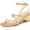 DREAM PAIRS Sandali da donna con tacco a blocco, 5,1 cm, con cinturino e punta quadrata, eleganti sandali con tacco basso, per feste, matrimoni, serate, Oro metallizzato, 37 EU