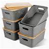 Huiguli 6 Pezzi Scatole Plastica con Coperchio Bambù, Organizer Cucina e Bagno, Impilabile Salvaspazio Cestino Vimini Contenitore Plastica con Bambù Coperchio per Armadio, Ufficio,Camera (Grigio)