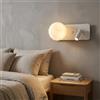 Alpinaluz Applique da parete bianco con sfera 3D stile luna e faretto da lettura LED 3 W 2800 K - doppio interruttore, attacco G9, design moderno in metallo per camera da letto e testiera