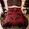 Loussiesd, Set copripiumino per adulti, in stile vintage damascato rosso a fiori, copripiumino orientale antico, per letto matrimoniale, stile gotico bohémien, copriletto esotico con teschio, 3 pezzi
