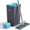 JOYMOOP Set di mocio e secchio con strizzatore, mocio per la pulizia dei pavimenti, pulitore a parete con manico lungo, con 4 panni riutilizzabili in microfibra - grigio+blu ciano