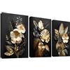 HALFLEMART 3 Pcs Fiori 3D Oro Nero Stampa su tela con Cornice Foglie di Monstera Tropicale Pittura Quadri su tela Quadri Moderni Poster da Parete Camera da Letto Soggiorno Decorazioni Murale 30x40cm x 3pcs