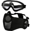 Hodeacc Set di maschera e occhiali per softair, maschera a mezza faccia in rete metallica con protezione per le orecchie, occhiali anti UV, protezione per gli occhi per caccia all'aperto e giochi CS