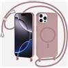 xinyunew Magnetica Cover con Cordino per iPhone 16 Pro Max,[Compatibile con MagSafe], Cover in Silicone, Regolabile Cordino da Collo Nylon Catena Collana Tracolla,rosa intenso