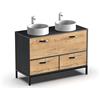 Muebles Pitarch | Set mobile da bagno doppio con 2 lavabi in ceramica inclusi, larghezza 120cm, industriale, Nero e Rovere, con struttura a piedi, 2 cassetti e 1 porta, per lavabi da appoggio