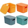 Bossjoy 4 scatole colorate impilabili in plastica con coperchio, piccoli contenitori organizer per mensole, cestini portaoggetti con manico per cucina, armadio, ufficio, bagno, giocattoli, casa ordinata