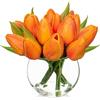 Oairse Set di 14 tulipani artificiali con vaso in vetro trasparente, con tulipani artificiali, per casa, ufficio, matrimonio, tavolo da pranzo, arancione
