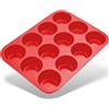 Belmalia Teglia per Muffin, Silicone, 33 x 25 x 3 cm, 12 Stampi, Rivestimento Antiaderente Cupcake Brownie Budino Rosso
