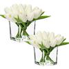 Oairse Set di 2 fiori artificiali in vaso, 14 pezzi, mini tulipani finti realistici al tatto, in vaso di vetro cubico con finto tulipano bianco acqua, bouquet per casa, matrimonio, centrotavola