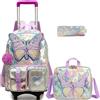 HTgroce Zaino Trolley Scuola Elementare Bambina (Motivo Farfalla) - Set 3 Pezzi con Porta Pranzo & Astuccio - Zainetto con Ruote e Carrello Staccabile (Ergonomico)
