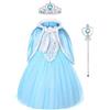 URAQT Vestito Set, Congelato Costume Vestito Bambina Principessa, Set da Principessa Blu Corona Bacchetta, Cosplay Party Halloween Abito delle Ragazze di Natale Fantasia(110-150)