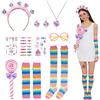 Dongcill Costumi da Caramella per Donne,Lollipop Fascia per Capelli,Collana di Lecca-Lecca Orecchini,Maniche Arcobaleno Calzini,Calze Adesivi per Tatuaggi,Occhiali,Candy Accessori per Carnevale