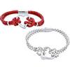 Bling Jewelry Set di due braccialetti da donna in pelle intrecciata sottile rosso bianco con cuore aperto, multi filo, fidanzata, tono argento, acciaio.