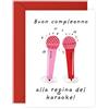 Central 23 Biglietto Auguri Karaoke Queen Fun Musicale Cartolina Microfoni Note Amici Cantante Idea Regalo Con Adesivi