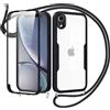 Jrkvniv Cover per iPhone XR con Cordino,360 Gradi Trasparente Custodiacon con Protezione Schermo Integrata,Bumper Rugged Custodia con Regolabile Tracolla Corda Collana per 6.1-Nero