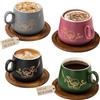 Yundu Set di 4 tazze da cappuccino in ceramica opaca, 300 ml, con sottobicchieri in legno e fiori dorati, set di tazze da caffè con piattino per latte art, tazze da caffè e tè