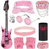 Kit da festa punk rock da 5 pezzi, chitarra gonfiabile, occhiali alla moda, bandana hip hop, guanti da rave con rivetti, accessori per costumi da discoteca anni '70 e '80 e '90