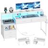 CAIYUN Scrivania Gaming LED, Scrivania da Gamer con Stoccaggio, Scrivania da Gamer con 4 Cassetti & Presa Integrata, Tavolo Computer Reversibile con Ripiani di Stoccaggio & Supporto Monitor (Bianco)
