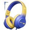 awatrue Cuffie per bambini, limitatore di volume 74/85/94 dB, cuffie sovrauricolari pieghevoli per viaggi, jack da 3,5 mm, cuffie per bambini per scuola, Chromebook, iPad, tablet, blu giallo
