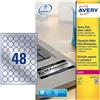 Avery Etichette adesive tonde L6129 - in poliestere - laser - permanenti - diametro 30 mm - 48 et/fg - 20 fogli - argento - Avery conf. 960 pz - G00576