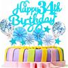 Conruich Decorazione per Torta di Compleanno 34 anni Uomo Donna, Cake Topper Happy 34th Birthday Blu, Glitter Torta Palloncini Coriandoli Blu per Decorazione Festa 34 anni Compleanno Adulti