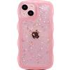 Qokey Custodia per iPhone 13 Mini da 5,4 pollici, design con bordo ondulato, trasparente, con glitter e stelle, protezione completa, in morbido TPU, antiurto, per donne e ragazze, rosa