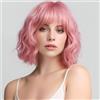 PORSMEER Parrucca corta rosa ondulata Bob con frangia parrucche sintetiche dall'aspetto naturale per donne ragazze feste in costume di Halloween o uso quotidiano 30,5 cm