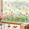 decalmile Adesivi per Finestra Fiori Tulipani Primavera Estate Decalcomanie per Finestre Fiore Verde Pianta Farfalle Baseboard Non Adesiva Adesivi Anti-Collisione Finestra Vetro Porte Cucina