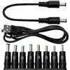 KUOQIY 8 in 1 Adattatore di Alimentazione DC Universale, KUOQIY 5.5x2.1 mm Femmina a Maschio Adattatore Jack Connettore, DC Barrel Connettore Tips con 2 Pezzi Cavo, per Ventilatori, Router