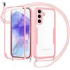 Jrkvniv Cover per Samsung Galaxy A55 5G con Cordino,360 Gradi Trasparente Custodiacon con Protezione Schermo Integrata,Bumper Rugged Custodia con Regolabile Tracolla Corda Collana per 6.5-Rose