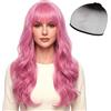 HTTDSLF 66cm Sintetico Parrucca Rosa Lungo Ondulato Capelli, Parrucca Rosa Ondulata con Frangia per Donna, Cosplay Costume Anime Universale, Perfetta per Feste, Uso Quotidiano, Festival e Halloween
