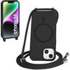FMPCUON FNPCUON Cover Magnetica Silicone per iPhone 14 con Cordino,Compatibile con MagSafe,Custodia con Laccio Collana Tracolla Collo Sottile TPU Antiurto Protettiva Case con Corda.Nero