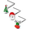OUFER 3pcs 20G Natale Naso Anelli Pack L Forma Naso Piercing Gioielli Babbo Natale In Acciaio Chirurgico Helix Orecchini Traugs Donne Uomini Regali